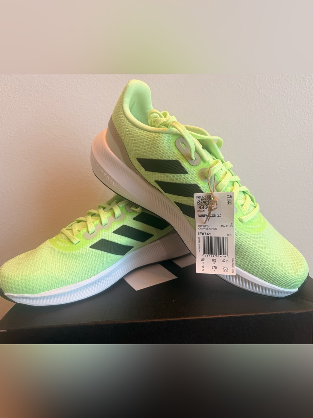 adidas Runfalcon 3.0 Neon Lime Running Sneakers with Black Stripes Size 9